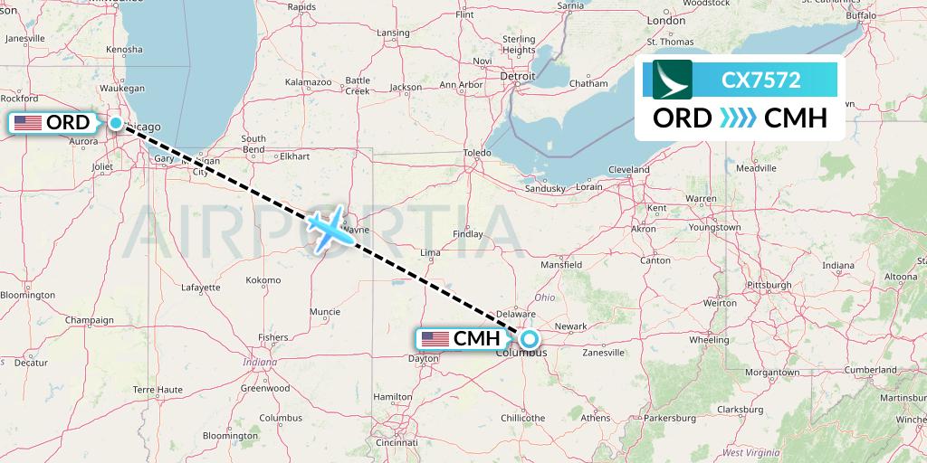 CX7572 Cathay Pacific Flight Map: Chicago to Columbus
