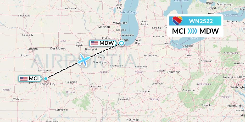 WN2522 Southwest Airlines Flight Map: Kansas City to Chicago