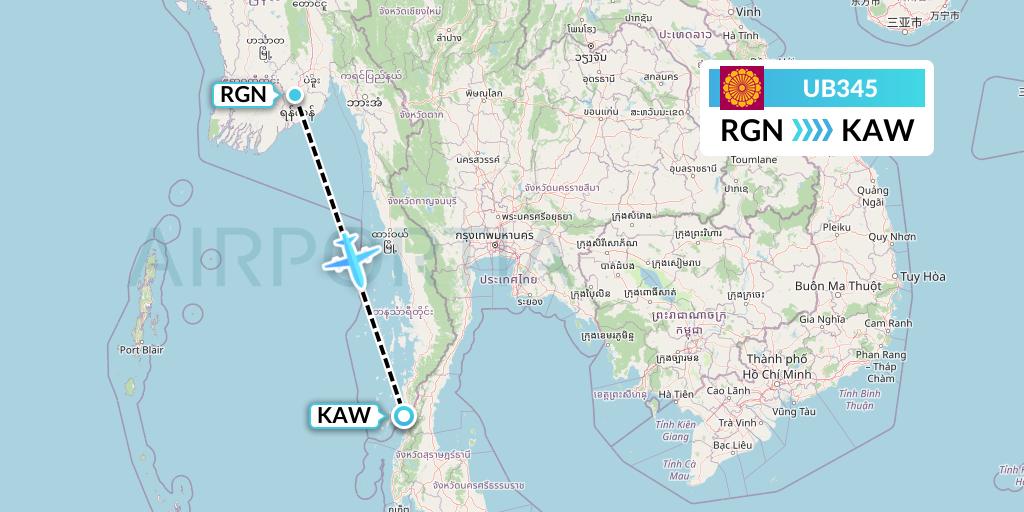 UB345 Myanmar National Airlines Flight Map: Yangon to Kawthaung