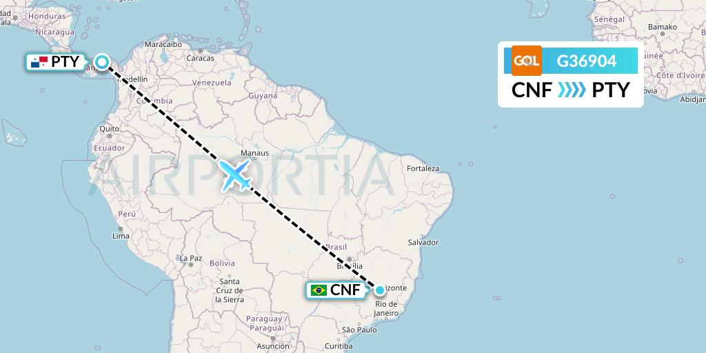 G36904 GOL Transportes Aeros Flight Map: Belo Horizonte to Panama City