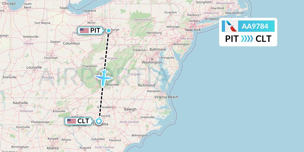 AA9784 American Airlines Flight Map: Pittsburgh to Charlotte