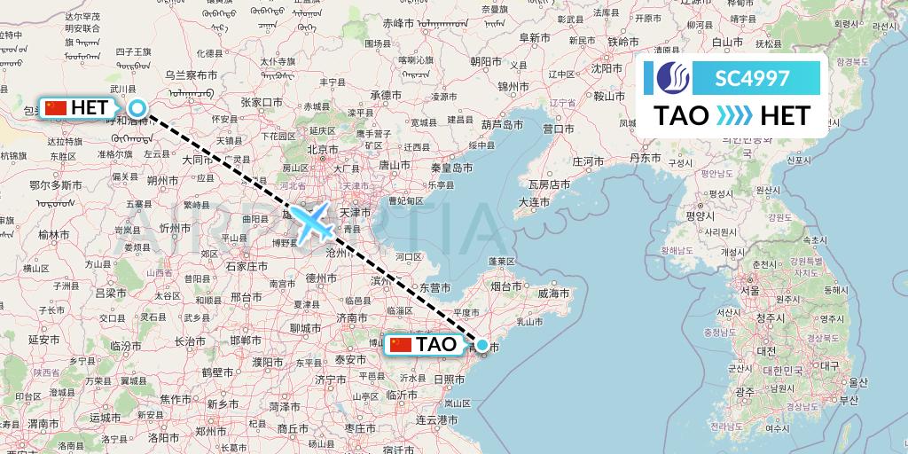 SC4997 Shandong Airlines Flight Map: Qingdao to Hohhot
