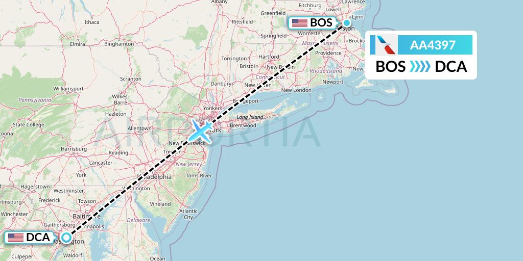 AA4397 American Airlines Flight Map: Boston to Washington