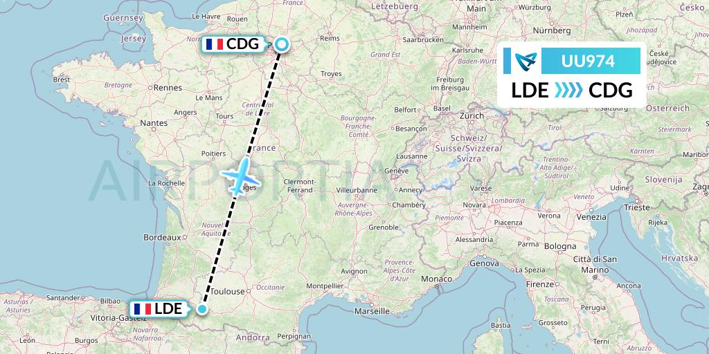 UU974 Air Austral Flight Map: Tarbes to Paris
