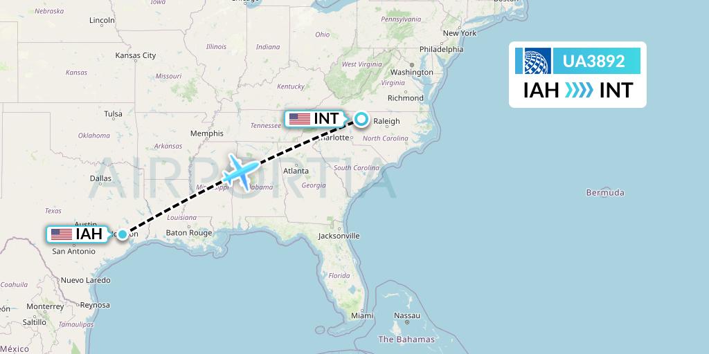 UA3892 United Airlines Flight Map: Houston to Winston-Salem
