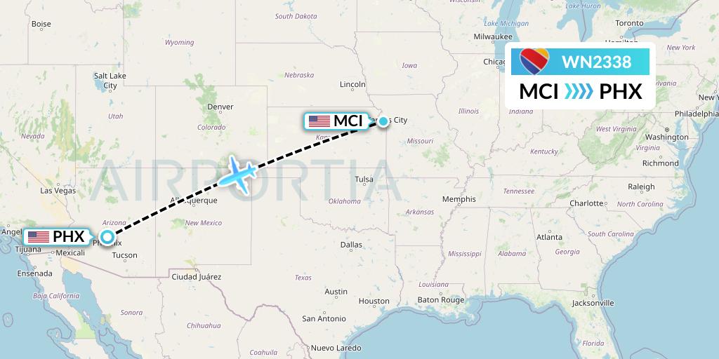 WN2338 Southwest Airlines Flight Map: Kansas City to Phoenix