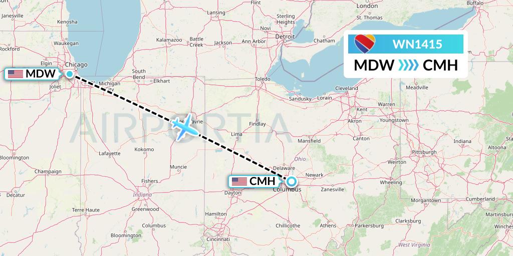 WN1415 Southwest Airlines Flight Map: Chicago to Columbus