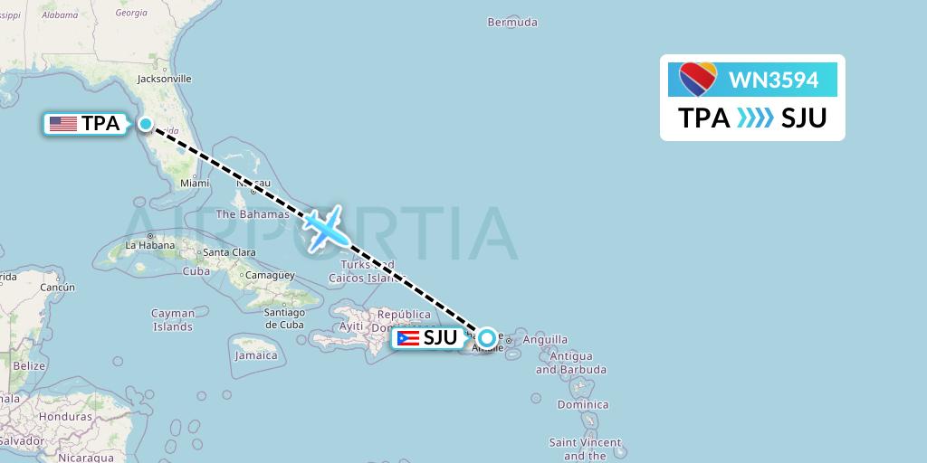 WN3594 Southwest Airlines Flight Map: Tampa to San Juan