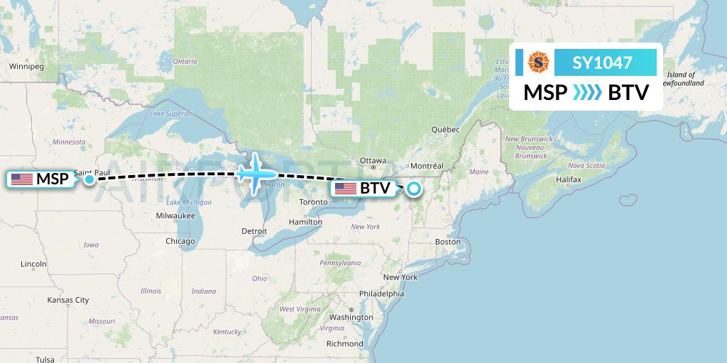 SY1047 Sun Country Airlines Flight Map: Minneapolis to Burlington