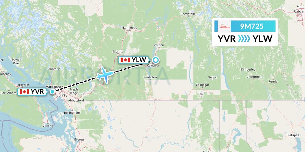 9M725 Central Mountain Air Flight Map: Vancouver to Kelowna