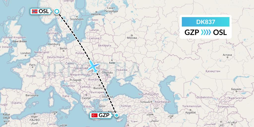 DK837 Thomas Cook Airlines Scandinavia Flight Map: Gazipasa to Oslo