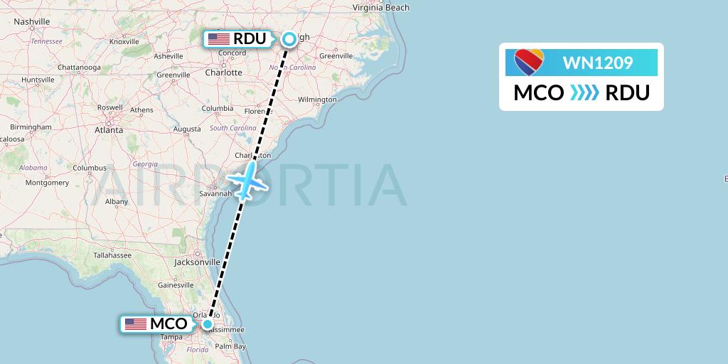 WN1209 Southwest Airlines Flight Map: Orlando to Raleigh-Durham