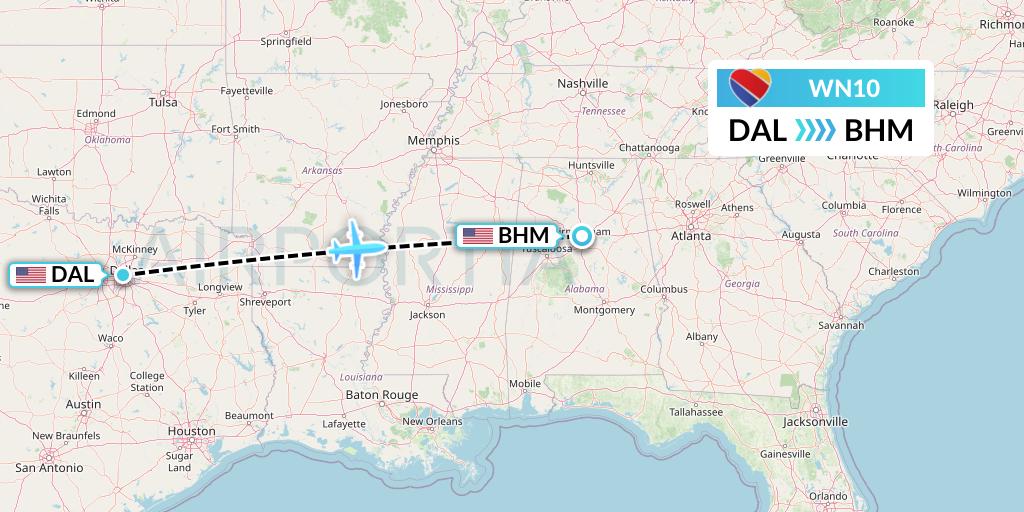 WN10 Southwest Airlines Flight Map: Dallas to Birmingham