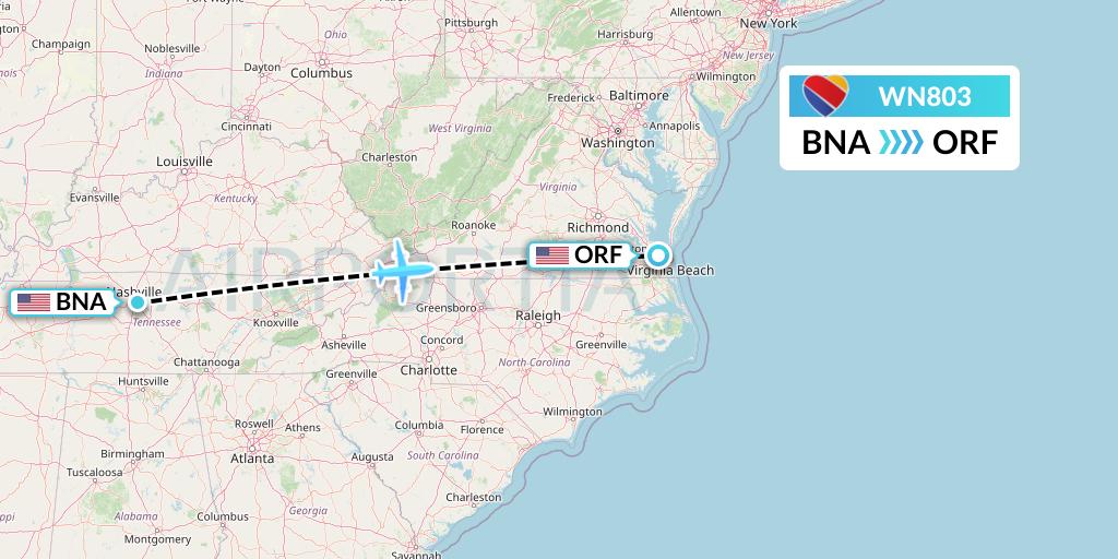 WN803 Southwest Airlines Flight Map: Nashville to Norfolk