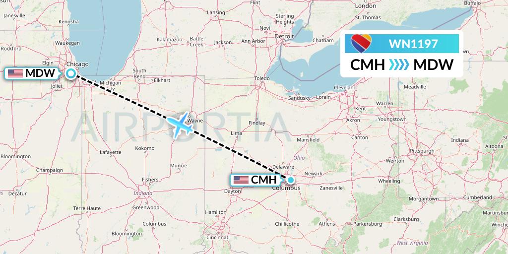 WN1197 Southwest Airlines Flight Map: Columbus to Chicago