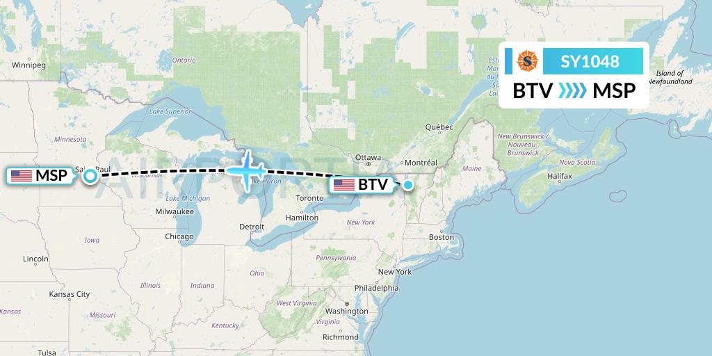 SY1048 Sun Country Airlines Flight Map: Burlington to Minneapolis