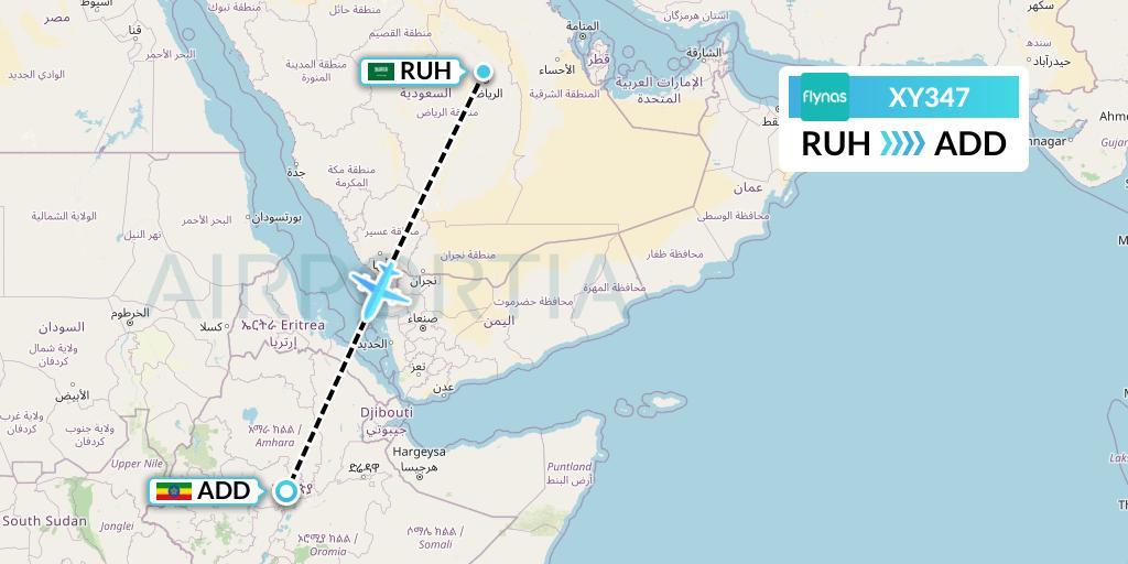 XY347 Flynas Flight Map: Riyadh to Addis Ababa