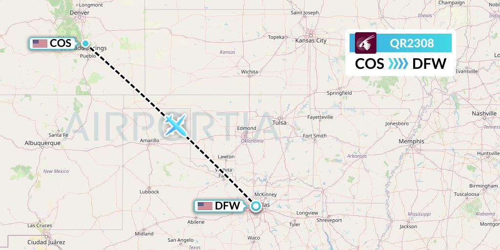 QR2308 Qatar Airways Flight Map: Colorado Springs to Dallas