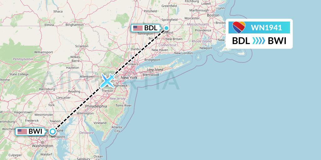 WN1941 Southwest Airlines Flight Map: Windsor Locks to Baltimore