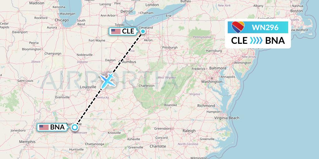 WN296 Southwest Airlines Flight Map: Cleveland to Nashville