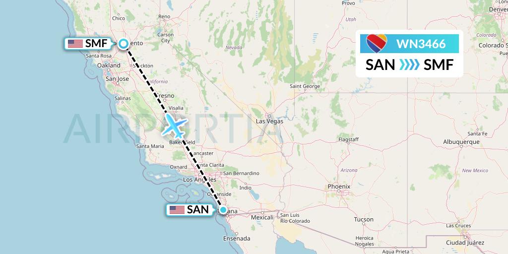 WN3466 Southwest Airlines Flight Map: San Diego to Sacramento