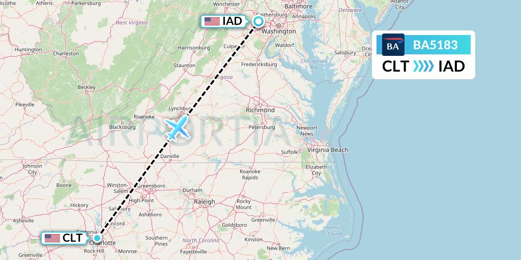 BA5183 British Airways Flight Map: Charlotte to Washington