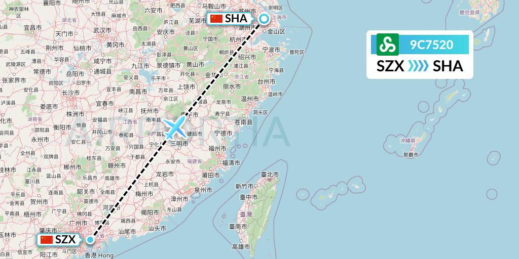 9C7520 Spring Airlines Flight Map: Shenzhen to Shanghai
