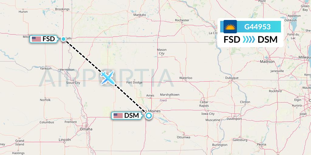 G44953 Allegiant Air Flight Map: Sioux Falls to Des Moines