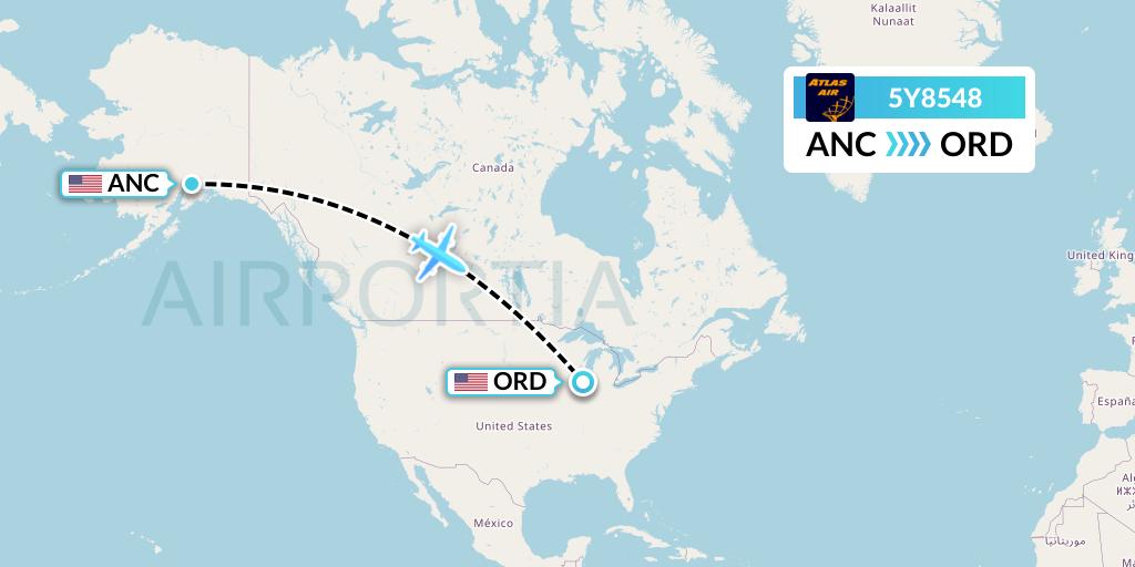 5Y8548 Atlas Air Flight Map: Anchorage to Chicago