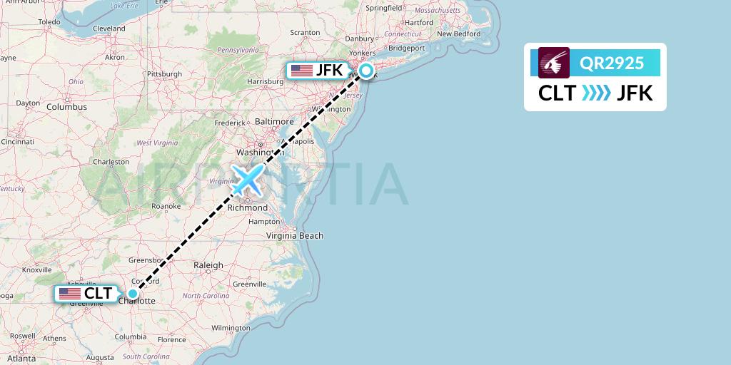 QR2925 Qatar Airways Flight Map: Charlotte to New York