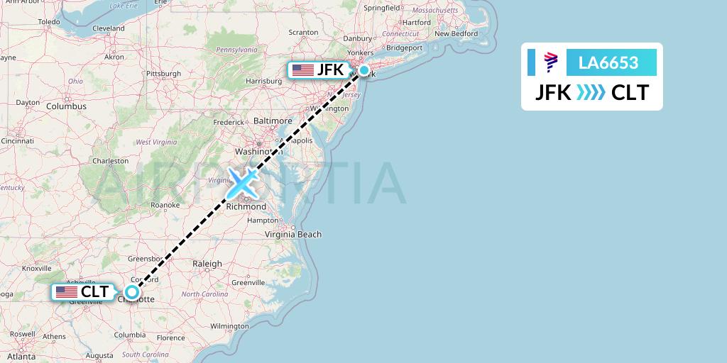 LA6653 LAN Airlines Flight Map: New York to Charlotte
