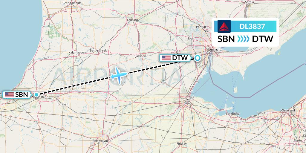DL3837 Delta Air Lines Flight Map: South Bend to Detroit