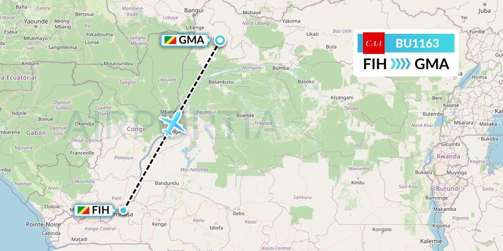 BU1163 flyCAA Flight Map: Kinshasa to Gemena