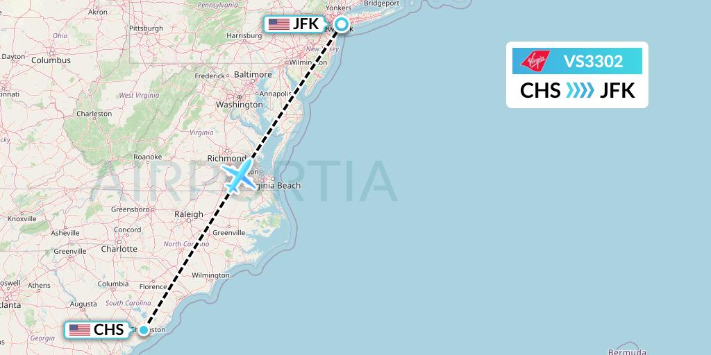 VS3302 Virgin Atlantic Airways Flight Map: Charleston to New York