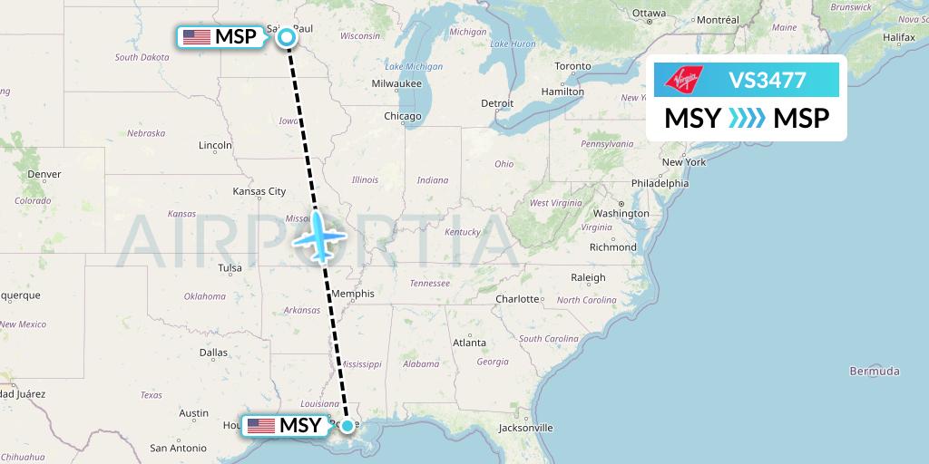 VS3477 Virgin Atlantic Airways Flight Map: New Orleans to Minneapolis