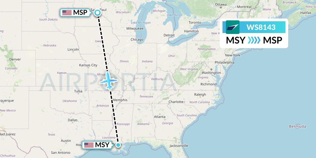 WS8143 WestJet Flight Map: New Orleans to Minneapolis