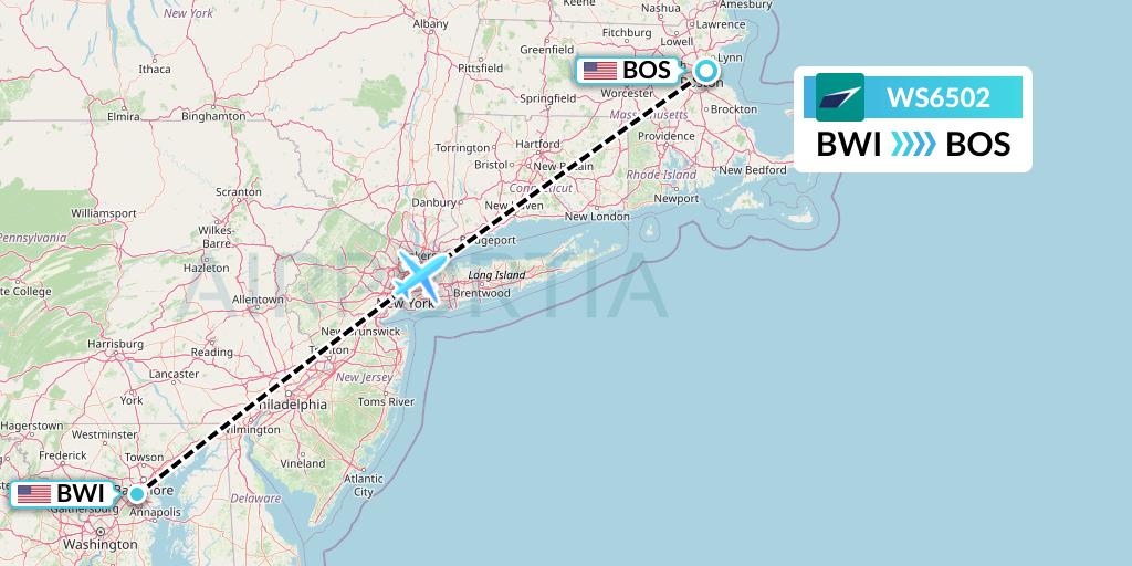 WS6502 WestJet Flight Map: Baltimore to Boston