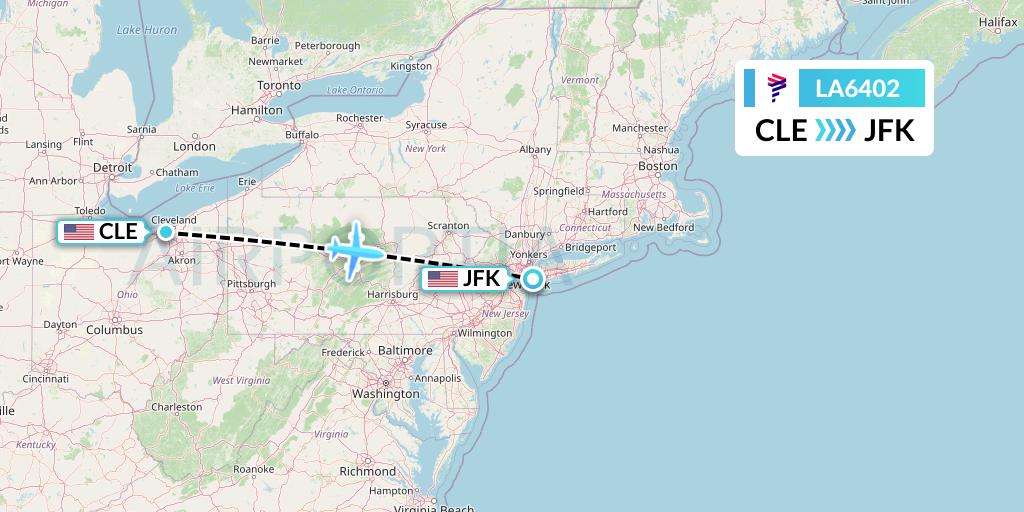 LA6402 LAN Airlines Flight Map: Cleveland to New York