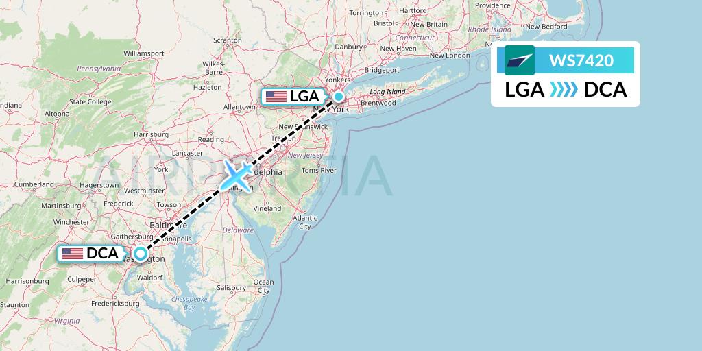 WS7420 WestJet Flight Map: New York to Washington