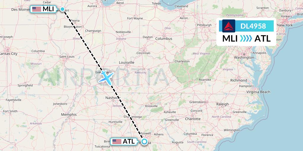 DL4958 Delta Air Lines Flight Map: Moline to Atlanta