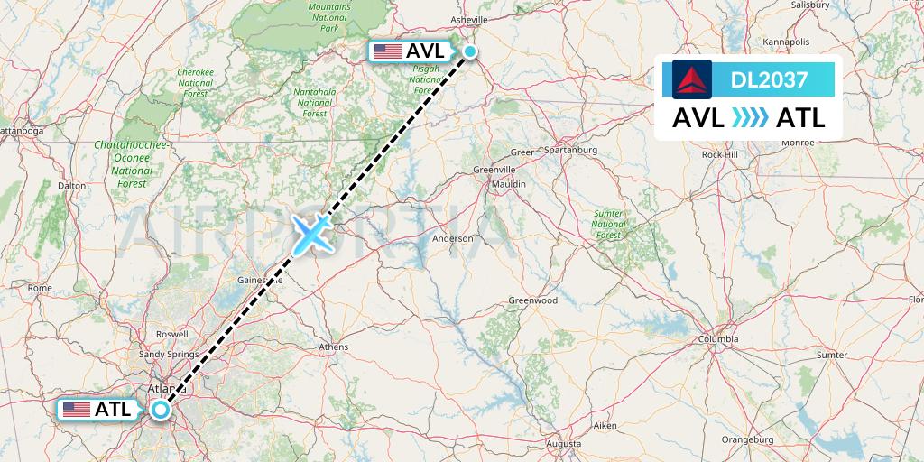 DL2037 Delta Air Lines Flight Map: Asheville to Atlanta