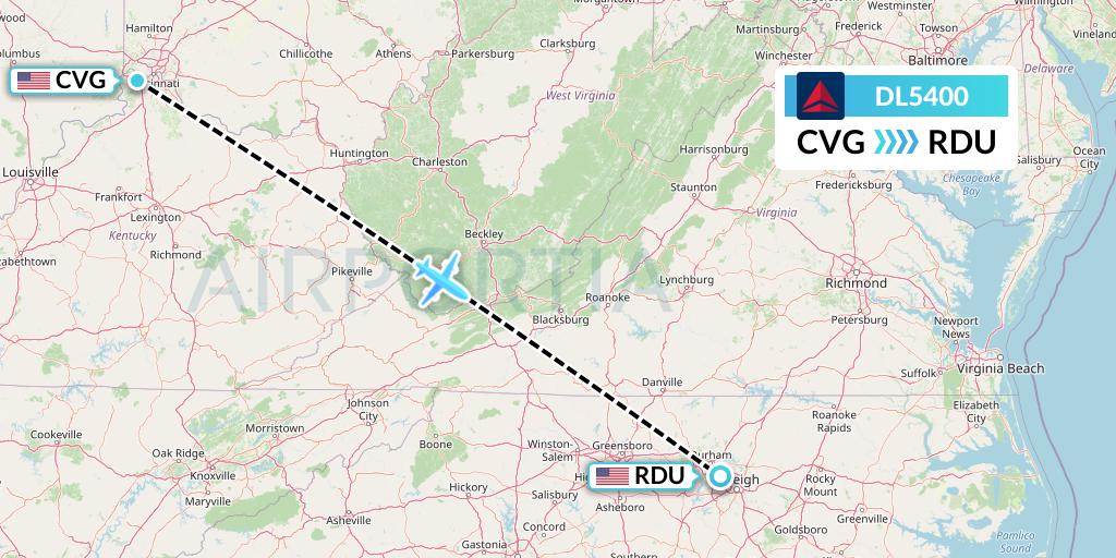 DL5400 Delta Air Lines Flight Map: Cincinnati to Raleigh-Durham