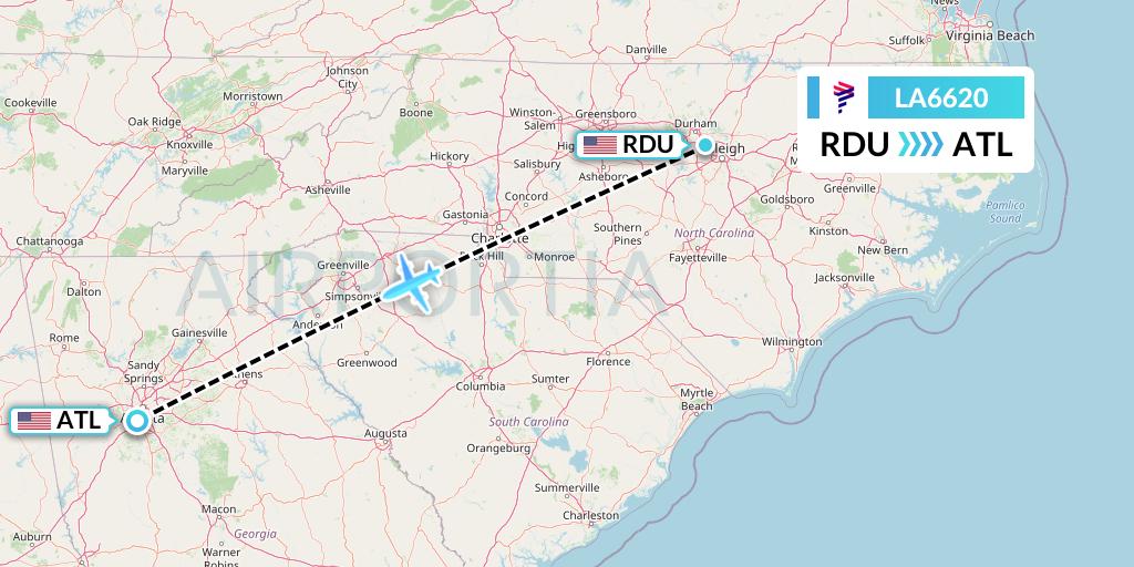 LA6620 LAN Airlines Flight Map: Raleigh-Durham to Atlanta