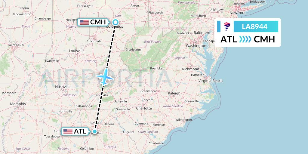 LA8944 LAN Airlines Flight Map: Atlanta to Columbus