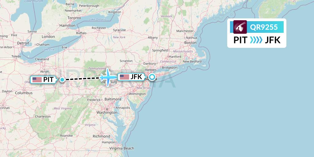 QR9255 Qatar Airways Flight Map: Pittsburgh to New York