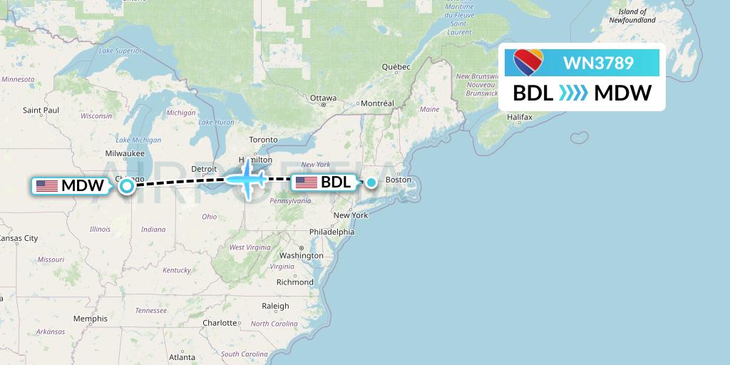 WN3789 Southwest Airlines Flight Map: Windsor Locks to Chicago