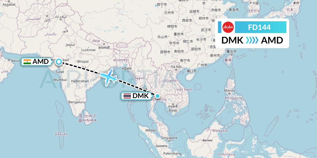 FD144 Thai AirAsia Flight Map: Bangkok to Ahmedabad
