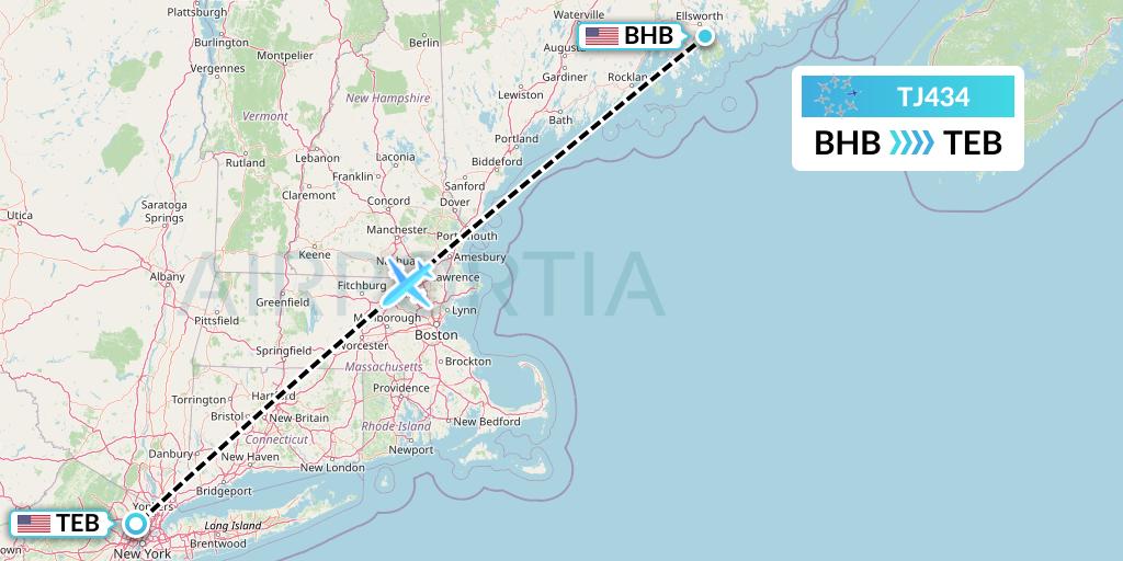 TJ434 Tradewind Aviation Flight Map: Bar Harbor to Teterboro