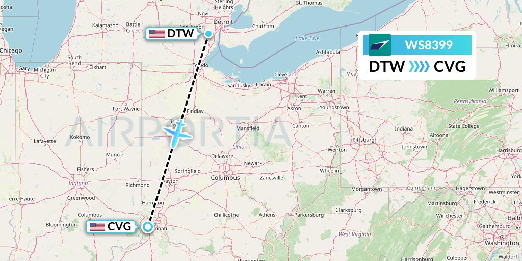 WS8399 WestJet Flight Map: Detroit to Cincinnati