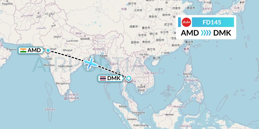 FD145 Thai AirAsia Flight Map: Ahmedabad to Bangkok